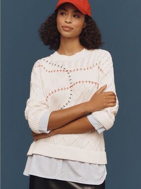 Pilcro Twofer Cable Knit Sweater Baseball Anthropologie M GUC